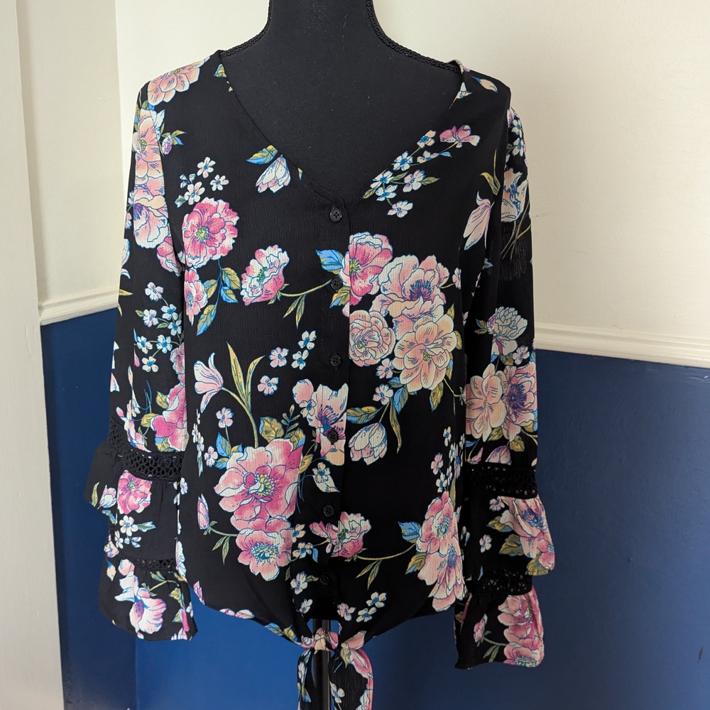 Maurices Pink and Blue Tie Front Blouse